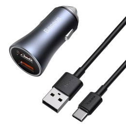Ładowarka samochodowa Baseus Golden Contactor Pro, 2x USB, QC, SCP, 40W (szara) + kabel USB do USB-C 1m (czarny)