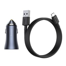 Ładowarka samochodowa Baseus Golden Contactor Pro, 2x USB, QC, SCP, 40W (szara) + kabel USB do USB-C 1m (czarny)