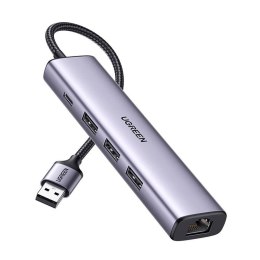 Adapter UGREEN 5w1 USB-A do 3x USB 3.0 + RJ45 + USB-C (srebrny)