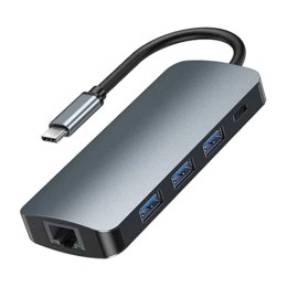 Hub USB-C 9w1 Remax Retor Series 3x USB 3.0, USB-C, RJ45, HDMI, 3.5 mm, SD/TF (szary)