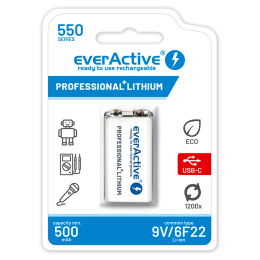 Akumulatorek everActive 6F22/9V Li-ion 550 mAh z Portem Ładowania USB-C 7,4V