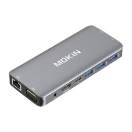 Adapter Hub 10w1 MOKiN USB-C do 3x USB 3.0 + USB-C charging + HDMI + 3.5mm audio + VGA + 2x RJ45 + Micro SD Reader (srebrny)